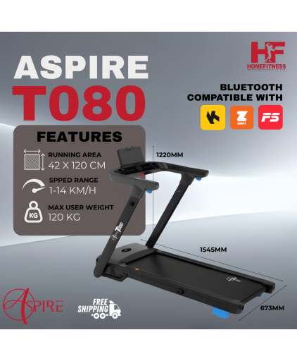 Aspire T080 Foldable Treadmill w 5 Years Warranty  (Foldable/2.0HP DC Motor/Wide Running Surface/ Bluetooth)